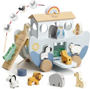 Joyreal Wooden Noah's Ark Toy for 1 Year Old Baby Boy and Girl Baptism Gift - Neutral Color Montessori Educational Toy with Animal Shape Sorter - Christian Toys for Toddler 1-3 Christmas Birthday Gift